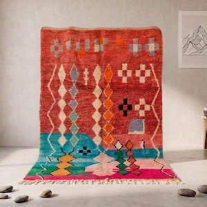 Handmade Moroccan Wool Rug – Green & Pink Berber Carpet | Unique Boujad Tribal Design | Boho Abstract Area Rug | Moroccan Art Decor.