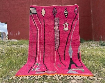 Pink Boujaad Rug- Handmade Moroccan Berber Wool Carpet -Hot Pink Area Rug- Abstract Boho Decor-Vintage Style Tribal Rug -Unique Moroccan Art