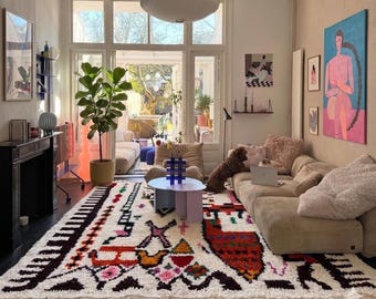 White Moroccan Azilal Rug – Handmade Wool Berber Carpet - Colorful Tribal Bohemian Area Rug - Azilal rug handmade -Custom area rug .