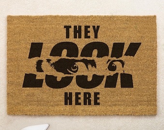 They Look Here Brush Door Mat Personalised Front Door Mat Custom Printed First Home Couple's Gift Couple's Home, Personalize Rugs