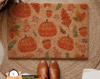 Pumpkin Fall Doormat , Cute Autumn Welcome Mat , Front Porch Decor , Happy Fall Y'all , Cozy Halloween Entry Rug , Housewarming Gift