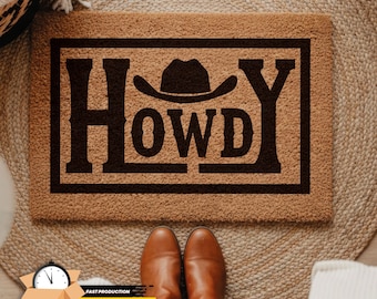 Howdy Doormat, Western Welcome Mat, Cowboy Front Porch Rug, Texas Home Decor, Housewarming Gift, Ranch Style Door Mat