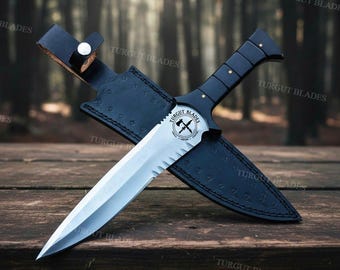 Handmade Bowie Knife with Leather Sheath, Custom Black Handle Dagger Knife, Hand Forged Fixed Blade Survival Knife, Outdoor Gift for Him