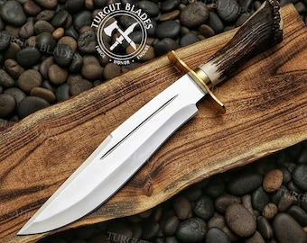 Hand Forged Bowie Knife | High Carbon Steel Blade & Stag Horn Handle with Leather Sheath, Gift for men