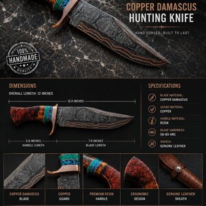 May include: A copper Damascus hunting knife with a 7-inch blade and a 5-inch resin handle featuring turquoise accents. The overall length is 12 inches. The knife includes a copper guard and a genuine leather sheath. Text includes Copper Damascus Hunting Knife.