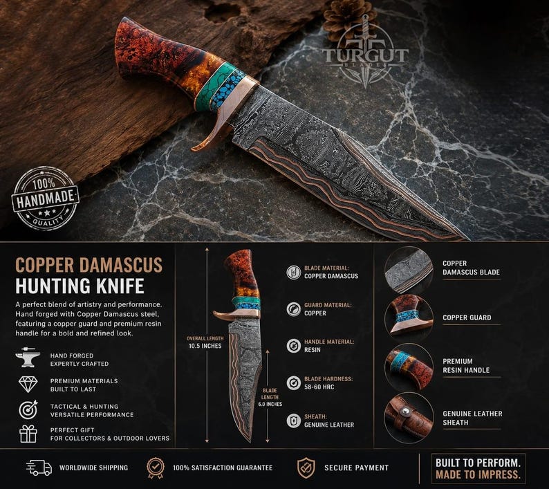 May include: A copper Damascus hunting knife with a 6.0-inch blade and 10.5-inch overall length. The knife features a patterned steel blade, a copper guard, and a multi-colored resin handle with turquoise accents. Text includes Turgut Blade.