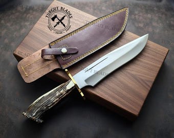Handmade camping Stag Horn Bowie knife with leather cover , Christmas gift, Carbon steel knives, Gift for men