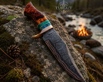 Copper Damascus Hunting Knife, Handmade Damascus Knife, Custom Outdoor Knife, Bushcraft Knife, Hunting Gift, Camping Knife, Anniversary Gift