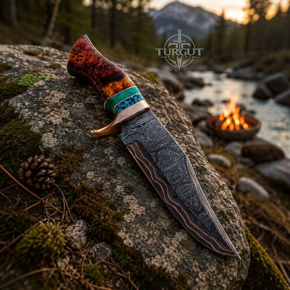 Copper Damascus Hunting Knife, Handmade Damascus Knife, Custom Outdoor Knife, Bushcraft Knife, Hunting Gift, Camping Knife, Anniversary Gift