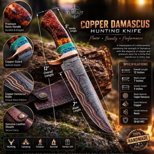 May include: A Copper Damascus hunting knife with a 12-inch overall length, a 7-inch blade, and a 5-inch resin handle. The blade features a unique copper wave pattern, and the handle includes turquoise accents. It comes with a leather sheath.