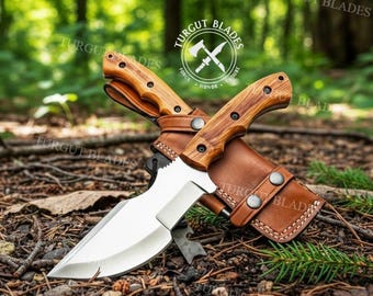 Handmade Tracker Knife with Ergonomic Wood Handle & Leather Sheath - Professional Hunting, Camping and Bushcraft Survival Tool - Custom Gift
