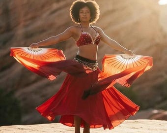 Half Moon Veil Silk Fan Pair | Red Gradient | 88