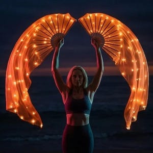 Flow Dance Fans, Orange Silk with LED Lights (Lightweight, Handmade) | 22