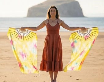 Éventail en soie | Éventails jaune fluo rose bleu | 63