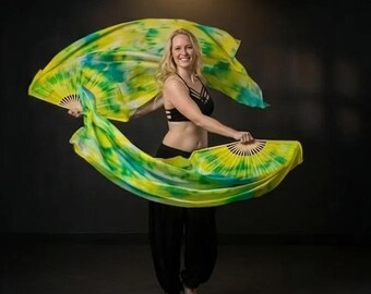 Silk Fan Veils | Lime Green Yellow Blue Fans | 61