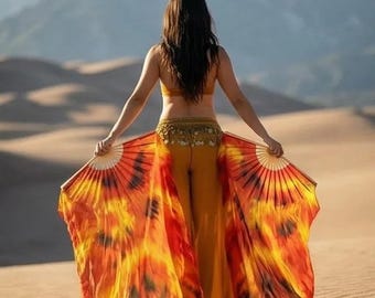 Éventail de voiles en soie - Paire de tie-dye orange jaune orageux | 41