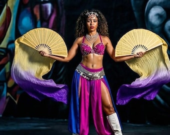 Velos de seda en forma de abanico – Par con degradado dorado y morado - 196