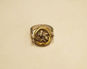 Anello in bronzo argento, moneta antica Replica anello, argento dell'anello di Signet, corona, dell'anello di Signet Athena, Idea regalo, moneta greca anello, anello artigianale