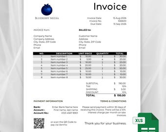 Invoice Template Google Sheets and Excel | Business Invoice | Editable Billing Form | for Small Business (Digital Download)