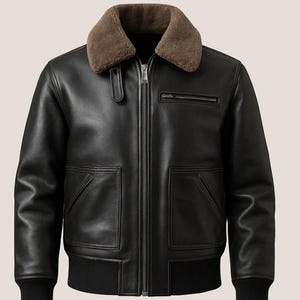 Men.s Black Leather Bomber Jacket – Aviator Shearling Collar – Handmade Winter Coat – Gift for Him