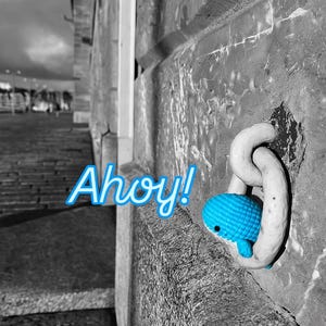May include: A blue crocheted whale is attached to a large metal ring on a stone wall. The word "Ahoy!" is written in blue script above the whale. The image is in black and white, except for the whale and text.