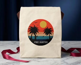 PIKE HUNTER Lunch Bag, Fishing Gift for Men, Pike Fisherman Canvas Lunch Tote, Angler Snack Bag, Fisherman Gift for Dad, Lake Trip Bag
