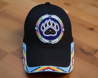 Handmade Beaded Baseball Cap: Native American Style Bear Paw