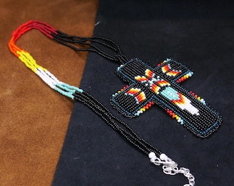 Black Handmade Native American Beaded Cross Pendant Beaded Pendant