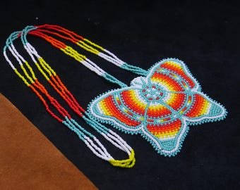 Turquoise Butterfly Handmade Native American Beaded Medallion Necklace  Beaded Pendant