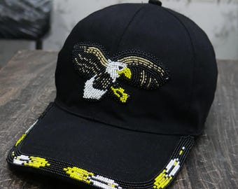 Black Eagle Handmade Beaded Baseball Cap: Native American Style, Southwestern Boho