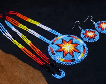 Morning Star Handmade Native American Beaded Medallion Necklace  Beaded Pendant