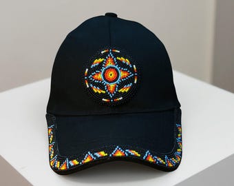 Handmade Beaded Baseball Cap, Native American Style, Black Cotton