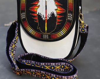 Black Bear-paw Handmade Native American Beaded Canvas Bag Crossbody Bags