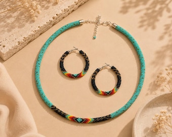 Handmade Native American Colorful Tribal Crochet Rope Beaded Necklace with matching Hoop earring Minimalist Boho Jewelry