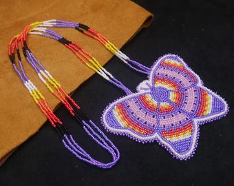 Turquoise Butterfly Handmade Native American Beaded Medallion Necklace  Beaded Pendant