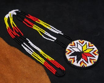 Morning Star Handmade Native American Beaded Medallion Necklace  Beaded Pendant
