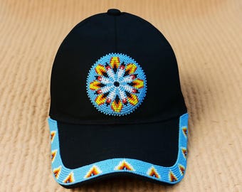 Handmade Beaded Baseball Cap: Native American Style, Sky-Blue