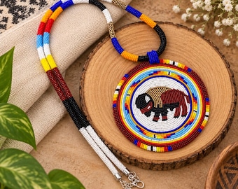Handmade Hummingbird Native Inspired Seed Bead Beaded Colorful  Medallion Statement  Necklace, Bird Pendant, Boho Jewelry Gift