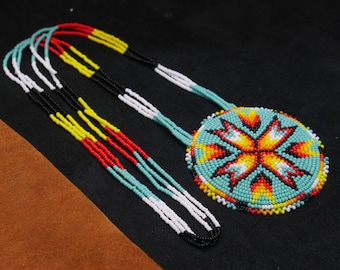 Turquoise Handmade Native American Beaded Medallion Necklace  Beaded Pendant