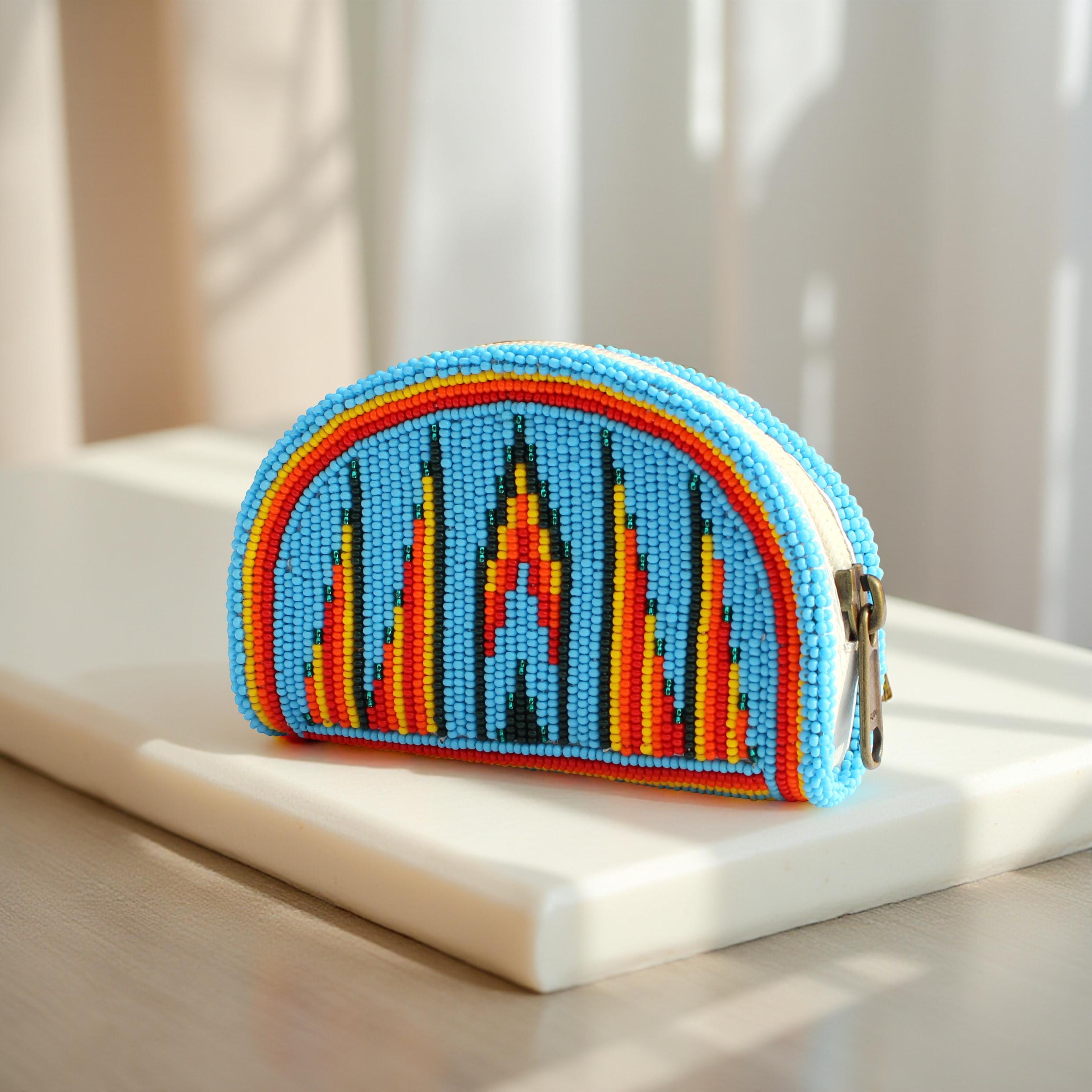 Sky-blue Handmade Native American Style Beaded Coin Purse Small