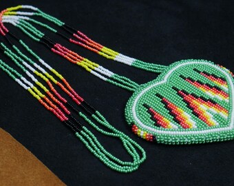 Turquoise Heart Handmade Native American Style Beaded Medallion Necklace  Beaded Pendant