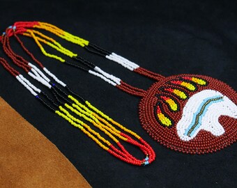 Black Bear-paw Handmade Native American Style Beaded Medallion Necklace  Beaded Pendant