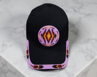 Handmade Beaded Baseball Cap: Pink Native American Style Design