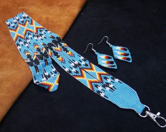 Handmade Native American Inspired Beaded Lanyard With Matching Earring | ID Card Badges Holder