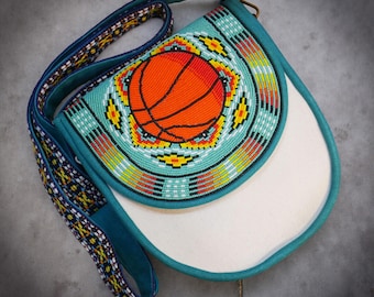 Türkis Basketball Handgemachte Native American Perlen Segeltuchtasche Crossbody Taschen
