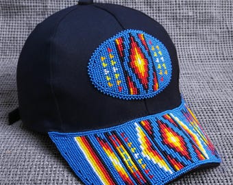 Handmade Full Brim Beadwork Beaded Baseball Cap - Native American Style