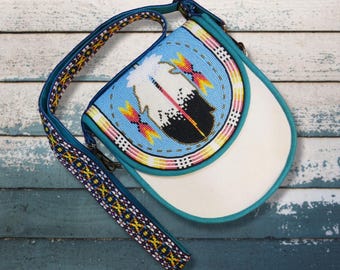 Sky-Blue Feather Handmade Native American Beaded Canvas Bag Crossbody Bags