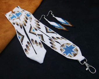 Handmade Native American Inspired Beaded Lanyard With Matching Earring | ID Card Badges Holder