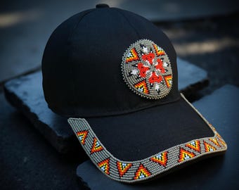 Handmade Beaded Baseball Cap, Native American Style, Southwestern Design