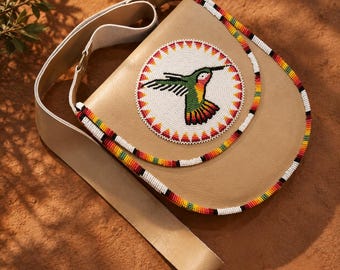 Handmade Beaded Native Inspired Hummingbird Colorful Boho Shoulder Crossbody Bag,  Artisan Leather Purse,  Nature Lover  Gift for her / him